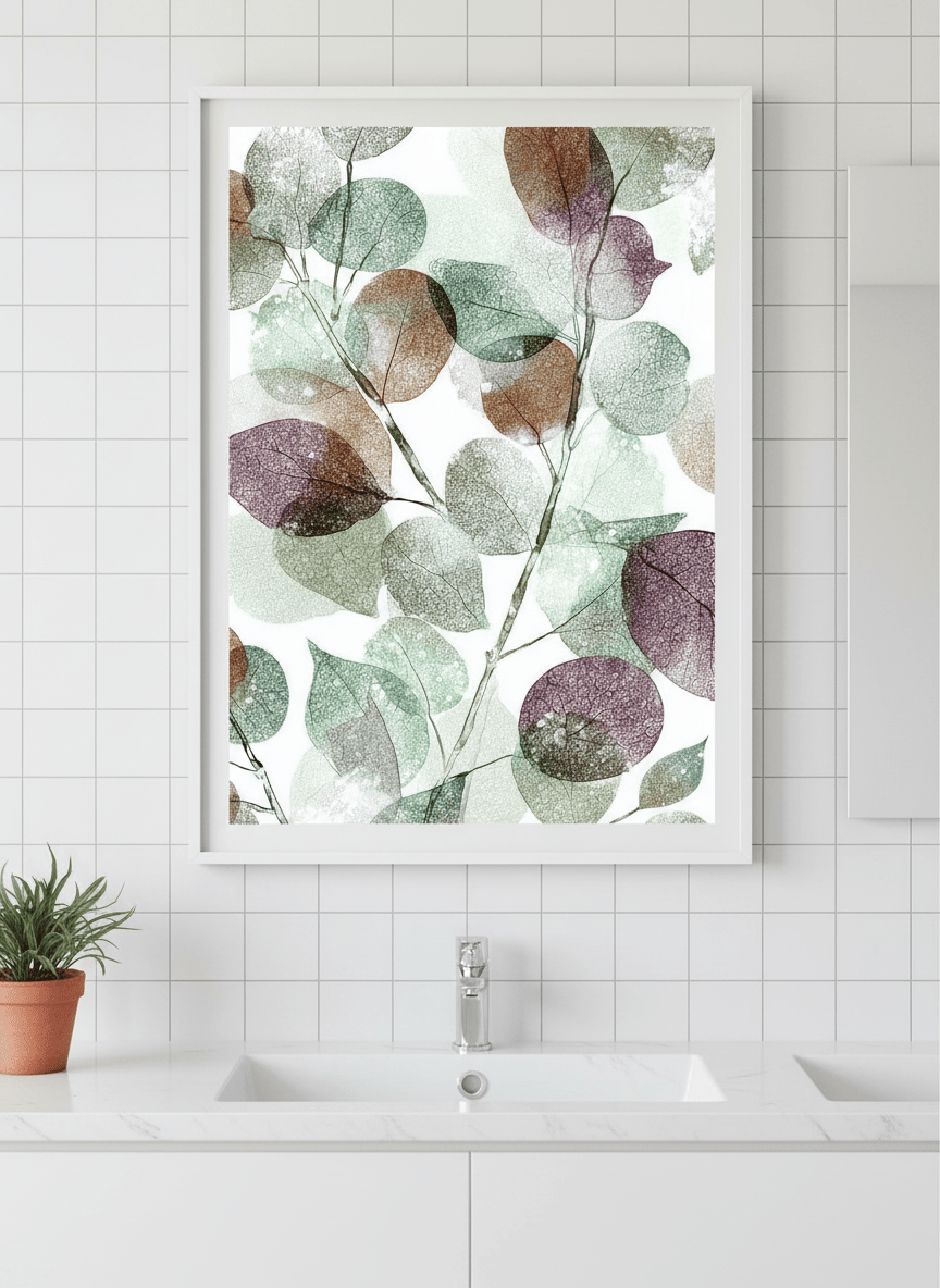 Modern print displayed in a clean minimalist bathroom setting