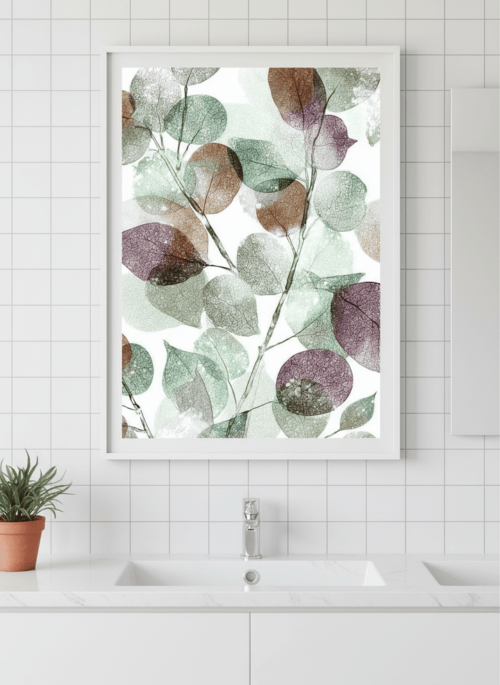 Modern print displayed in a clean minimalist bathroom setting