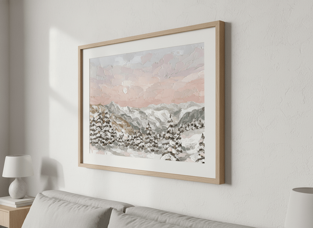 Minimalist artwork displayed in a calm, light-filled bedroom interior