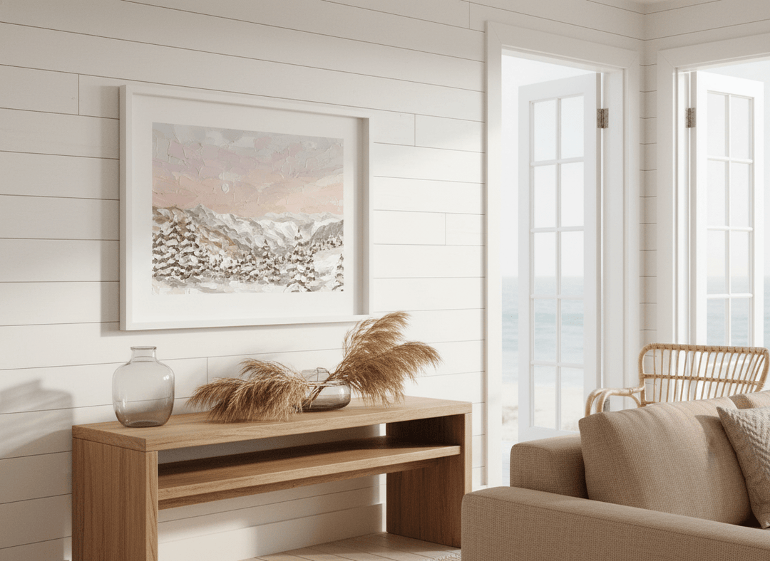 Neutral wall art displayed in a sunny coastal beach house