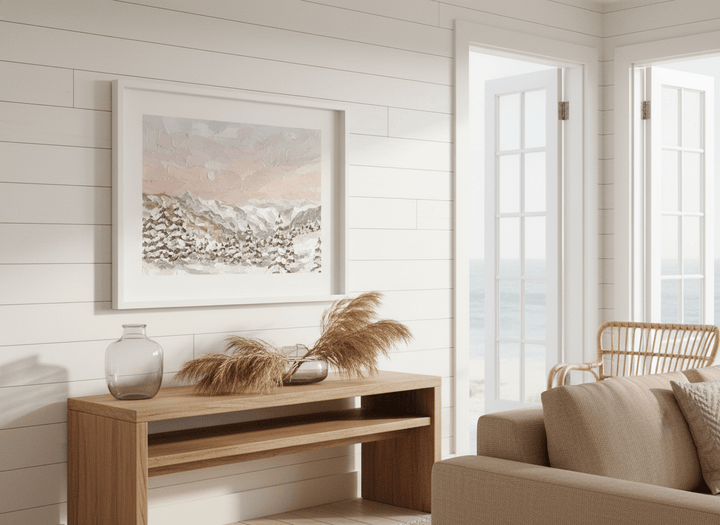 Neutral wall art displayed in a sunny coastal beach house