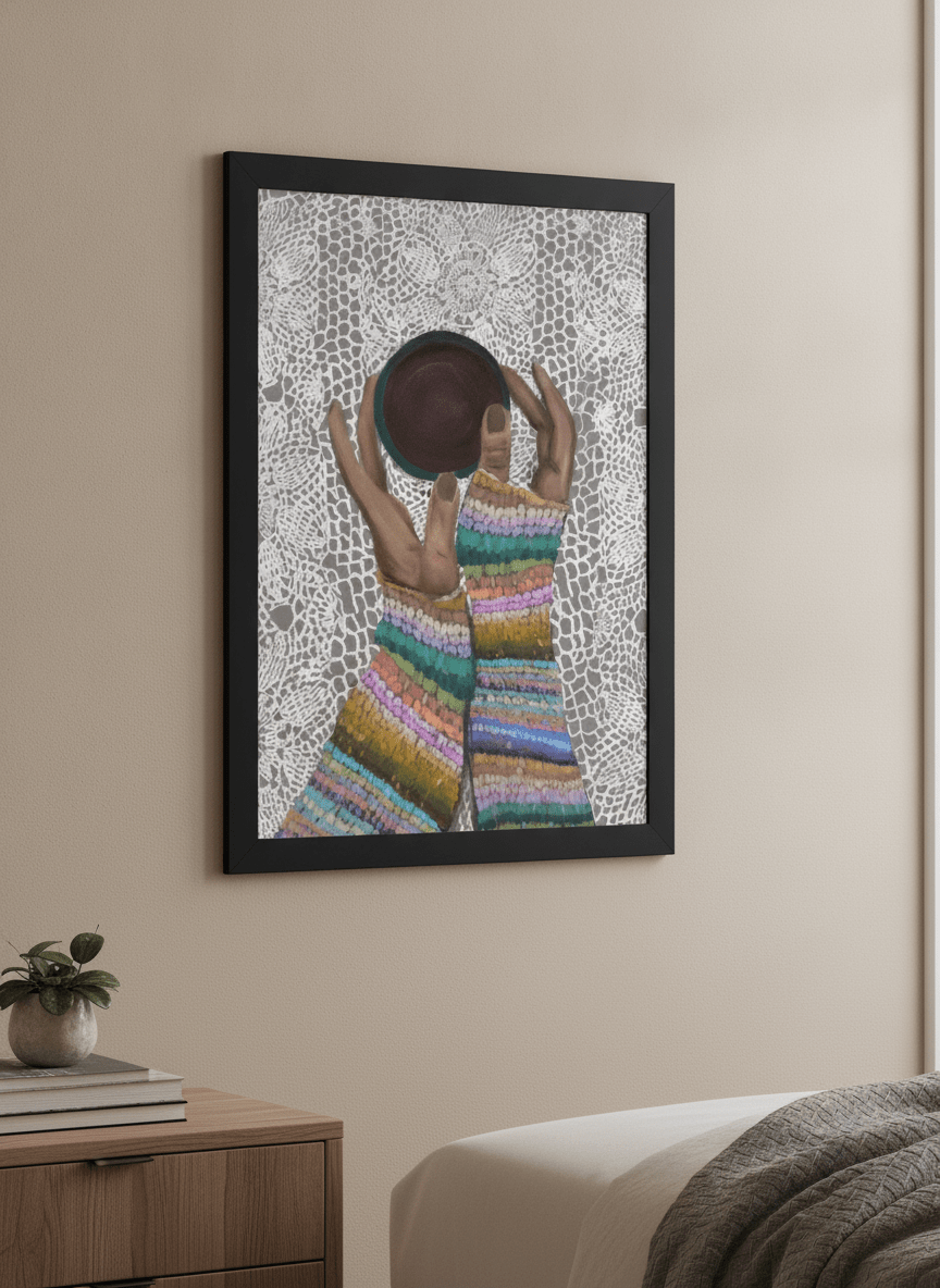 Minimalist artwork displayed in a calm, light-filled bedroom interior