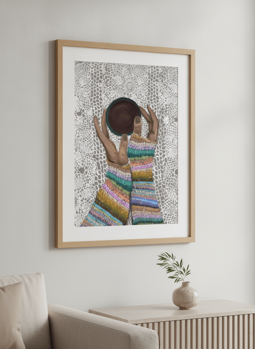 Modern wall art styled above a sofa in a neutral living room
