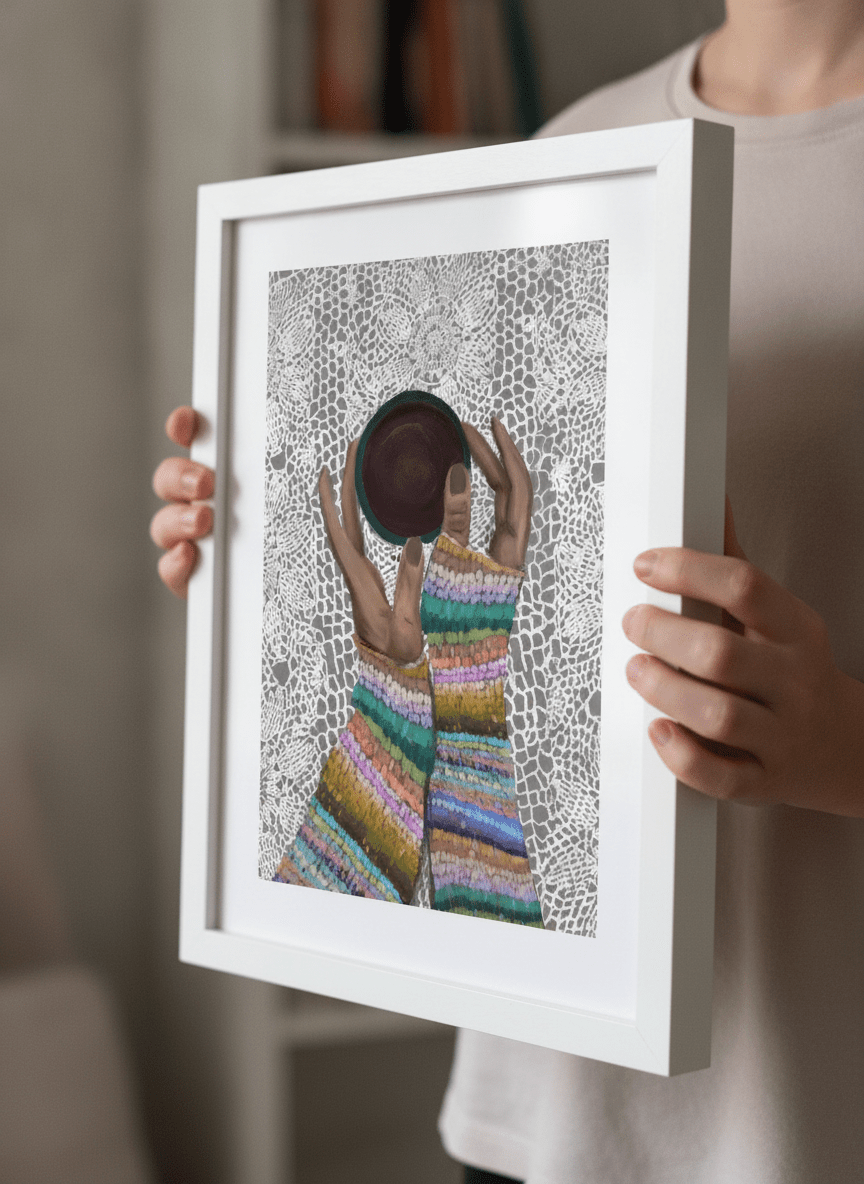 Person showcasing the artwork against a clean modern interior wall