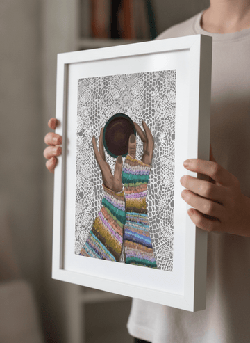 Person showcasing the artwork against a clean modern interior wall