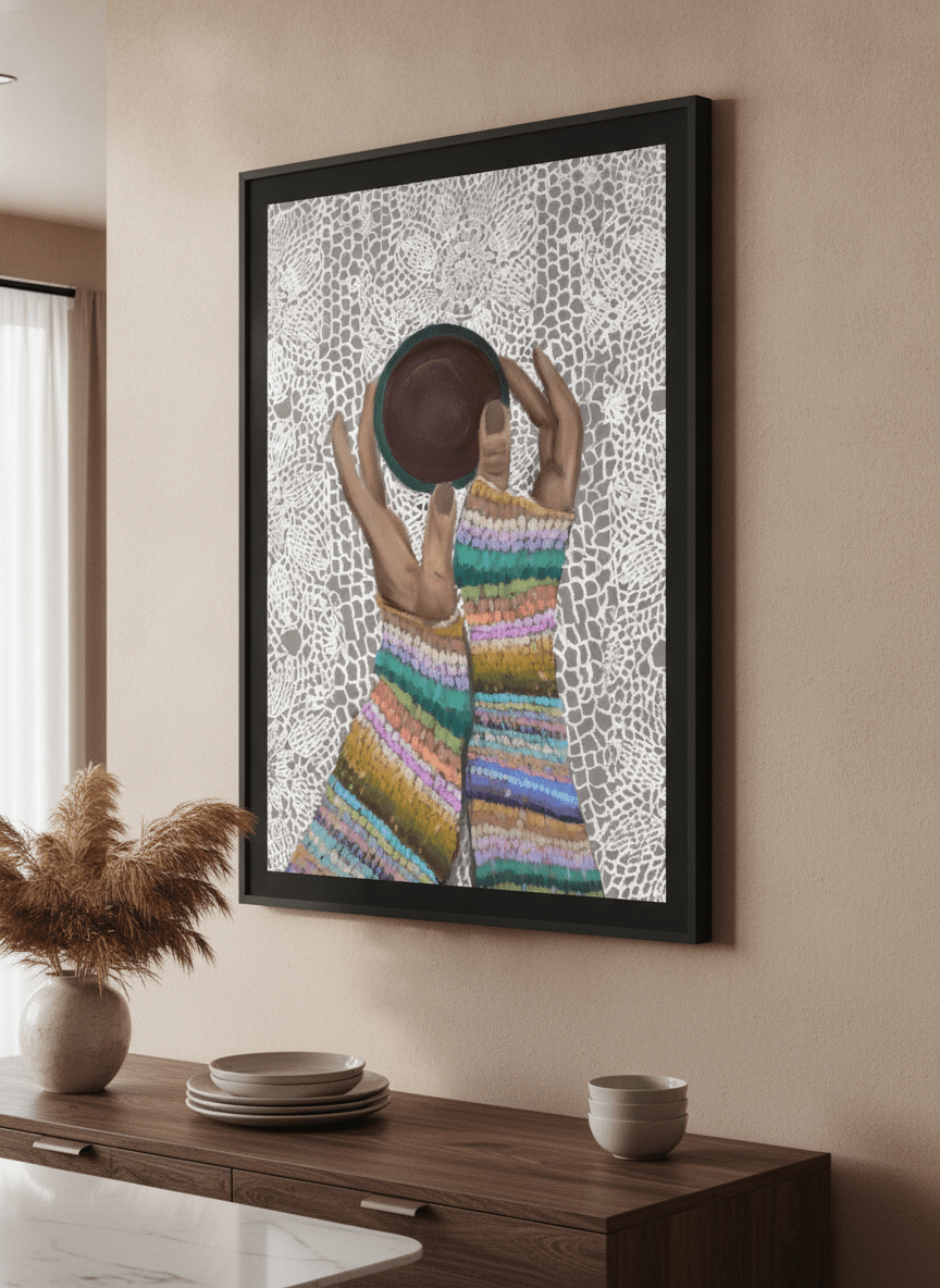 Wall art styled above a dining table in a contemporary home