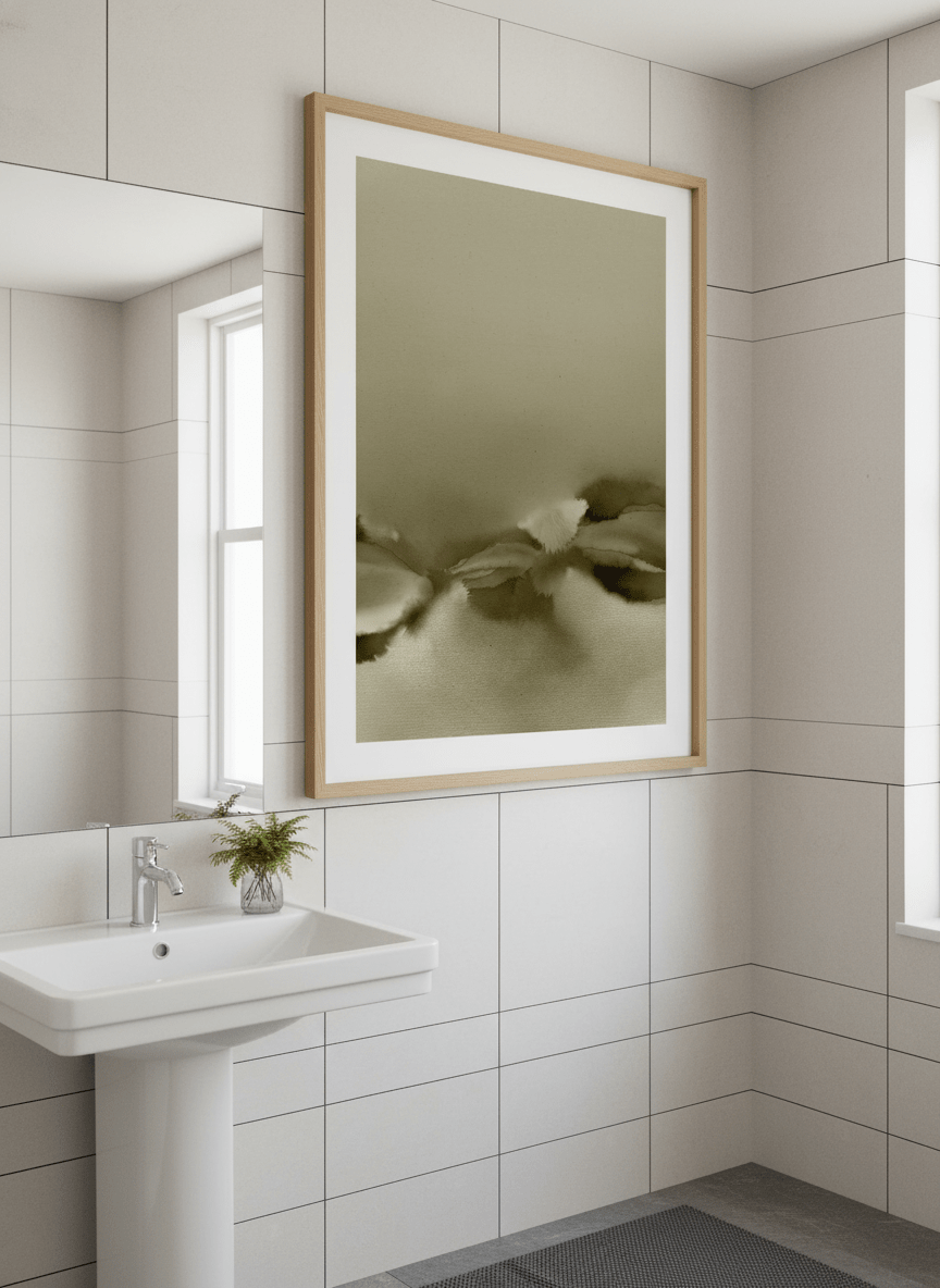 Modern print displayed in a clean minimalist bathroom setting