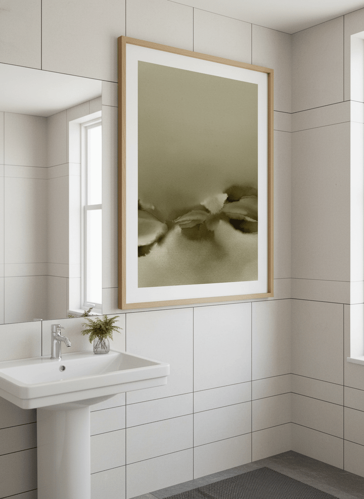 Modern print displayed in a clean minimalist bathroom setting