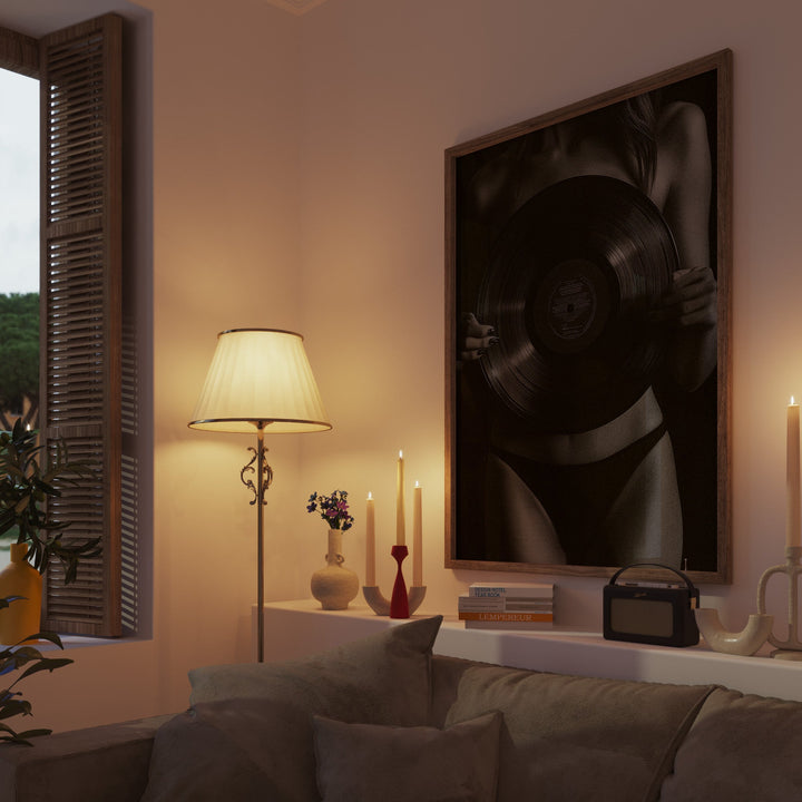 Woman Vinyl Holding Photograph,livingroom,gallery,timber border