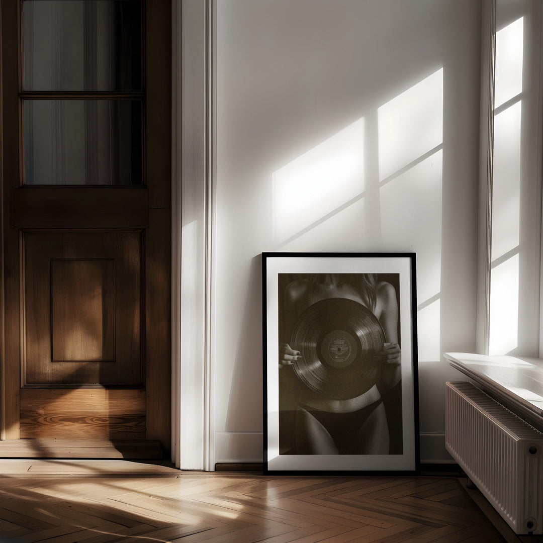 Woman Vinyl Holding Photograph,livingroom,gallery,timber border
