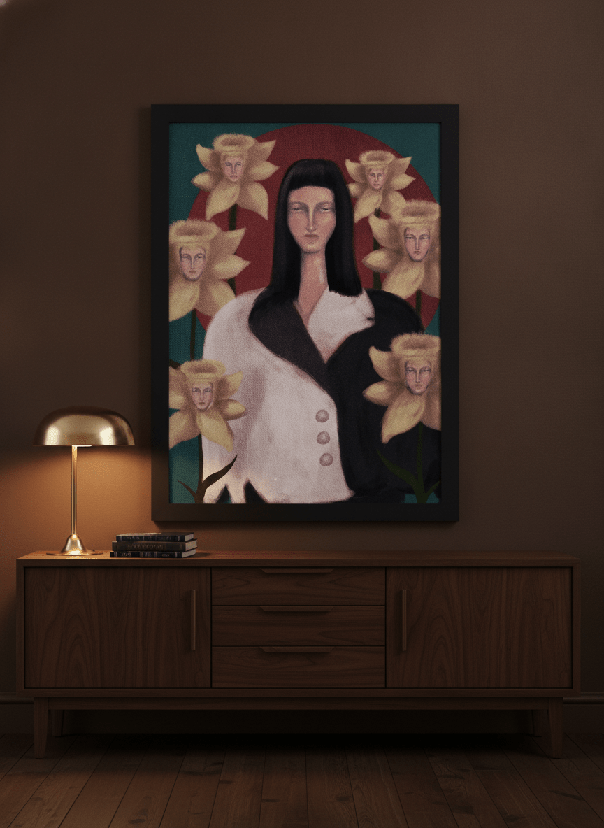Modern wall art print standing on a sideboard in a moody bedroom