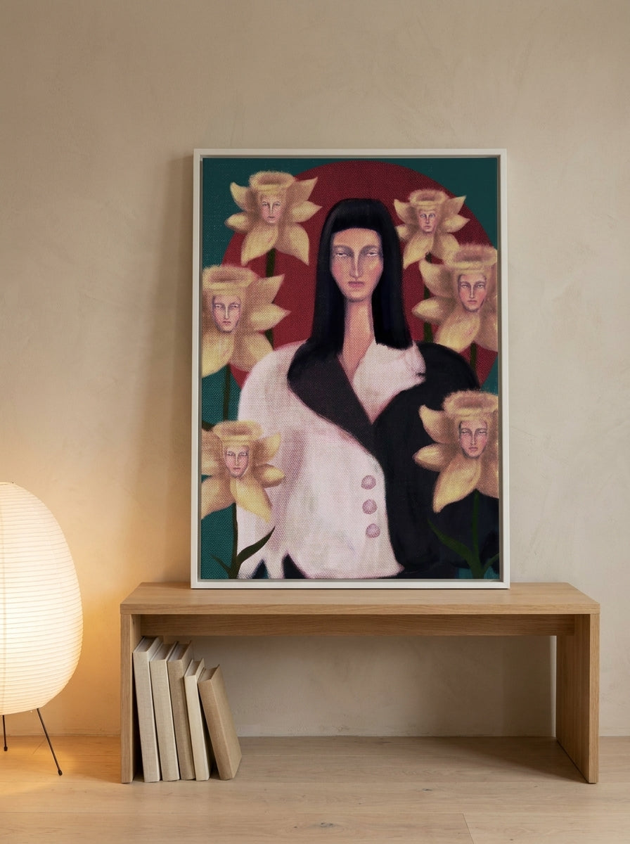 Canvas wall art with a white surround standing on a bench in a warm Japandi home office