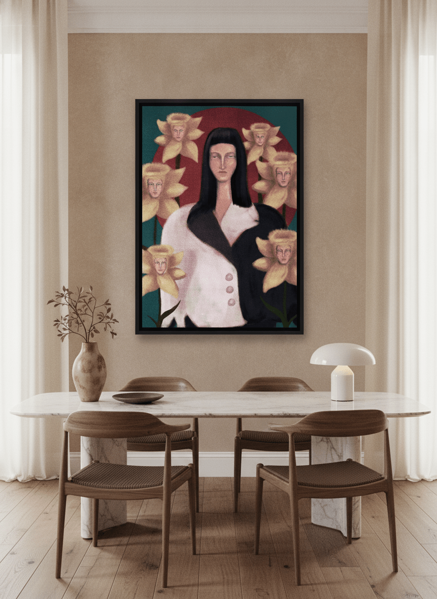 Canvas wall art with a black surround styled on the wall in a luxe dining room