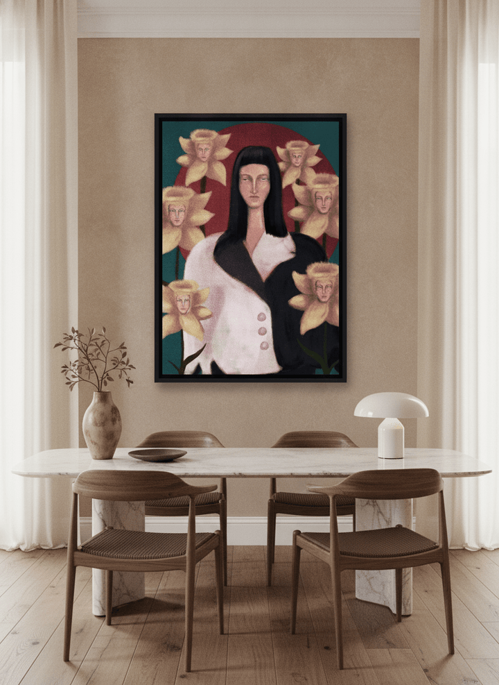 Canvas wall art with a black surround styled on the wall in a luxe dining room