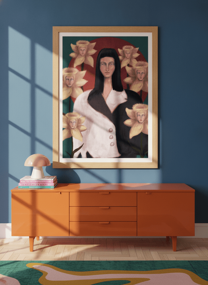 Modern wall art print styled on the wall in a colourful eclectic living room