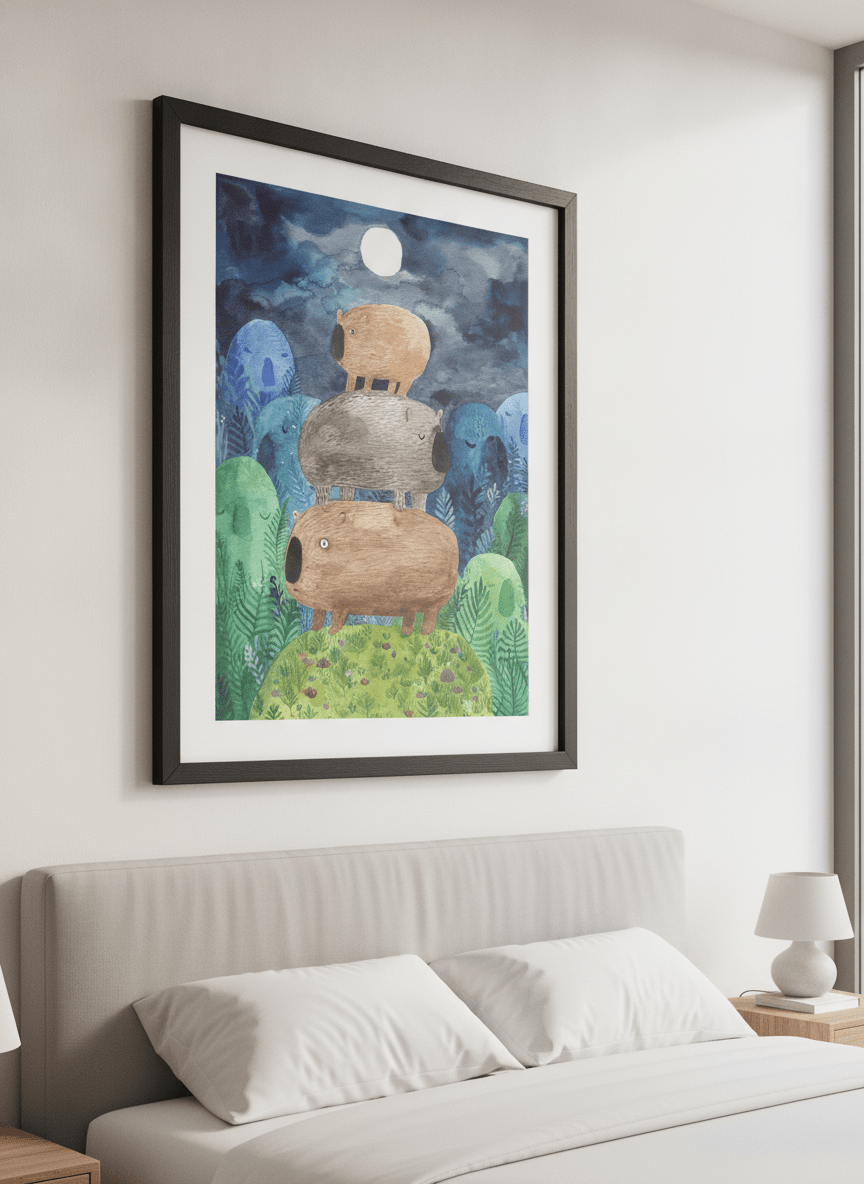 Minimalist artwork displayed in a calm, light-filled bedroom interior