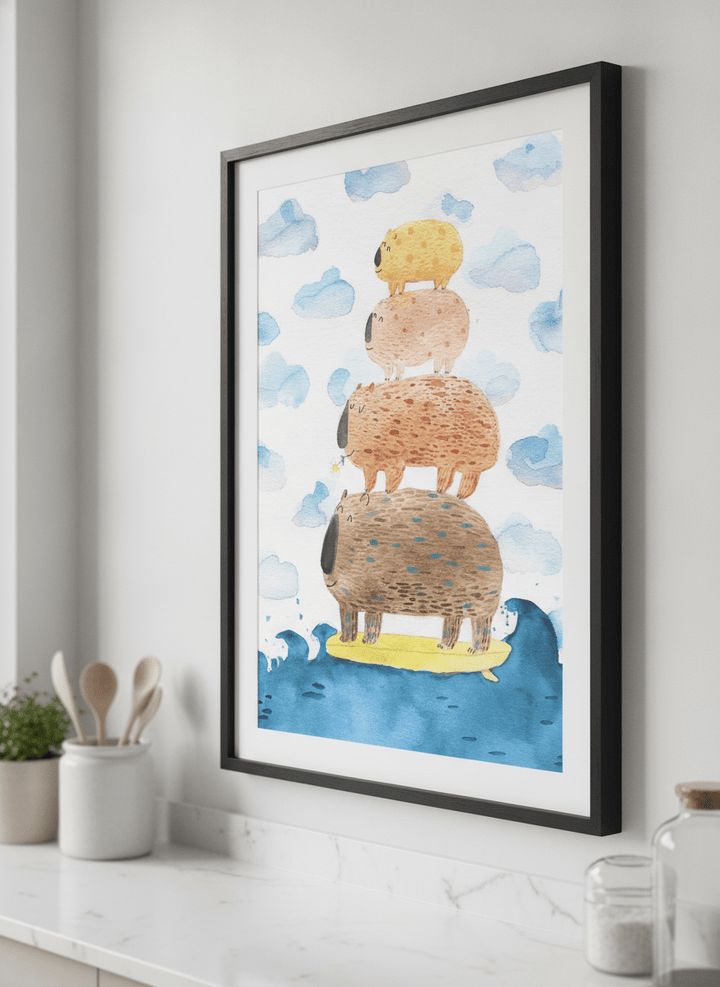 Artwork styled on the wall of a bright modern kitchen