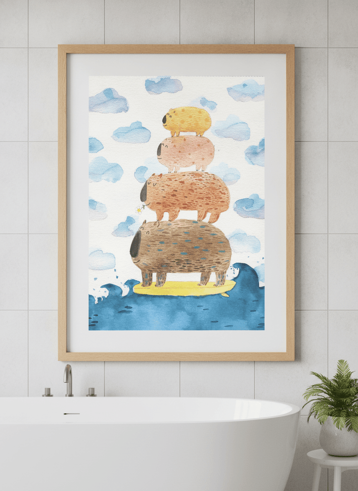 Modern print displayed in a clean minimalist bathroom setting