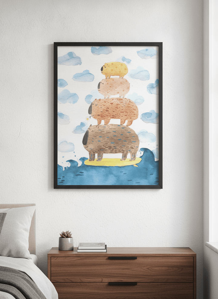 Minimalist artwork displayed in a calm, light-filled bedroom interior