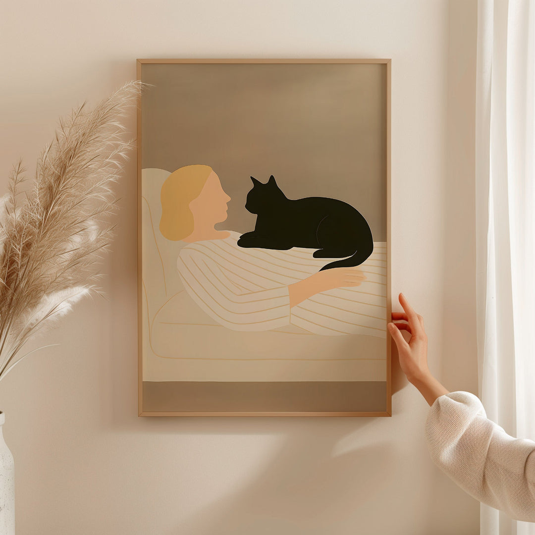 Women Black Cat Sofa Abstract Print,livingroom,timber border