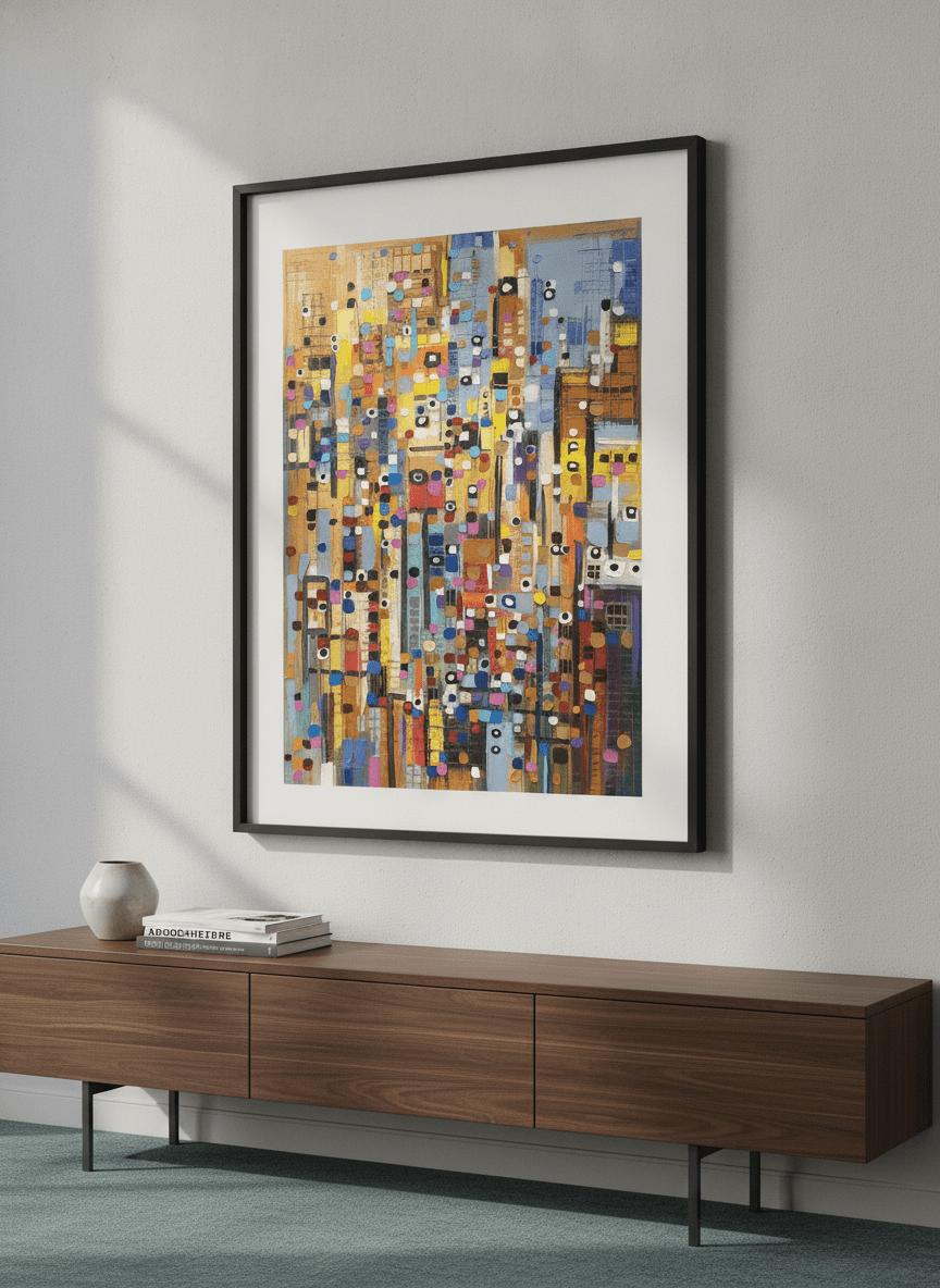 Contemporary wall art featured in a bright modern office workspace