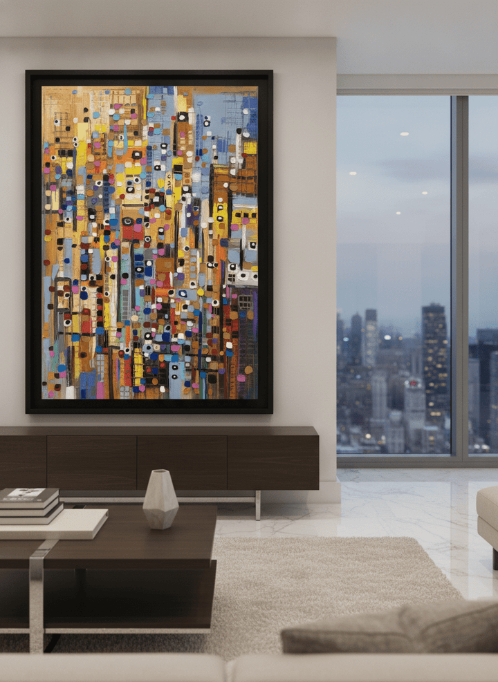 Monumental artwork centred on a feature wall in a luxe interior