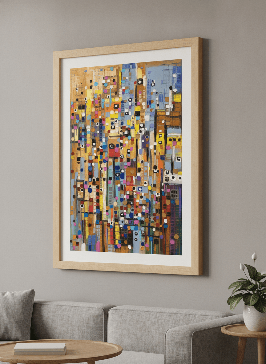 Modern wall art styled above a sofa in a neutral living room