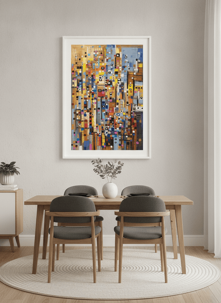 Wall art styled above a dining table in a contemporary home