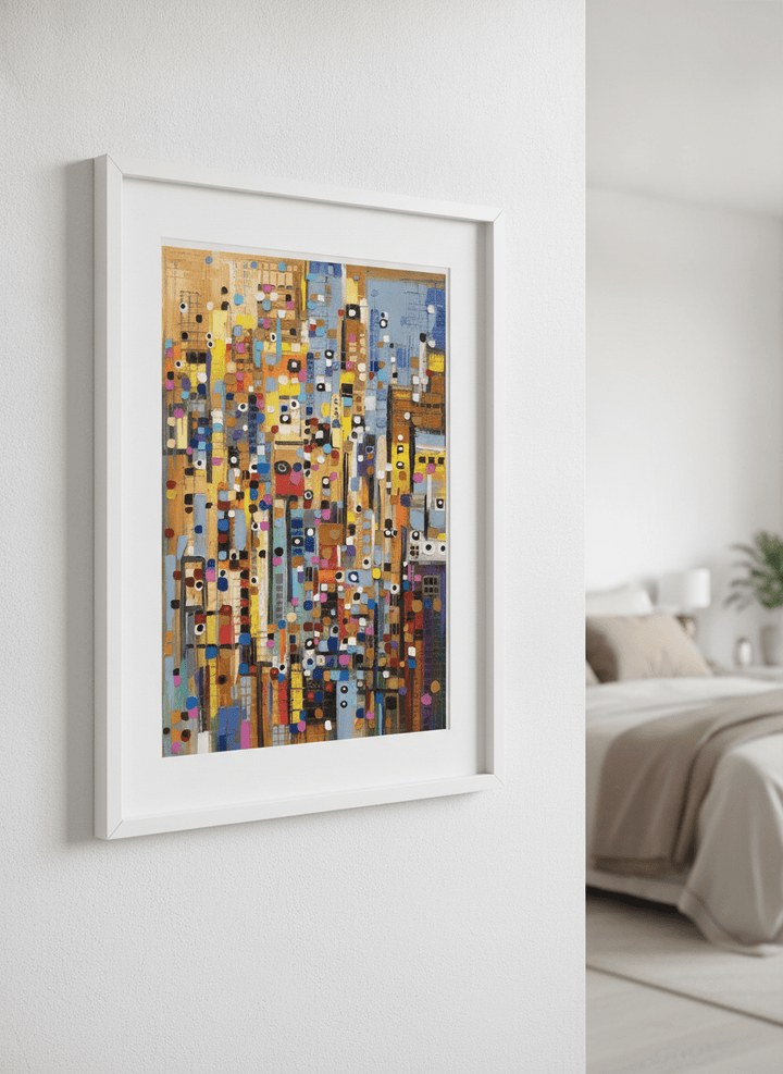 Minimalist artwork displayed in a calm, light-filled bedroom interior