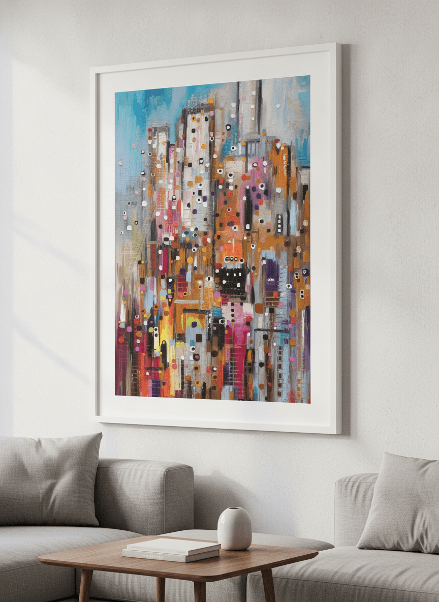 Modern wall art styled above a sofa in a neutral living room