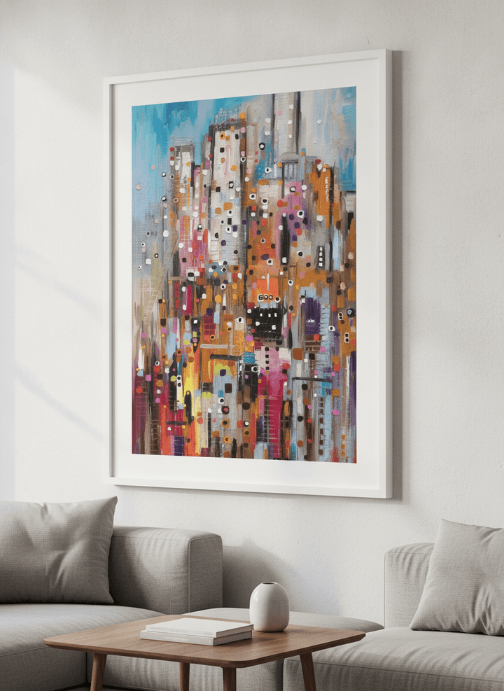 Modern wall art styled above a sofa in a neutral living room