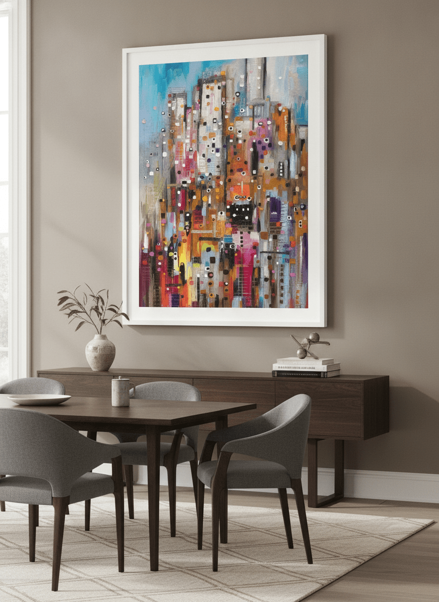 Monumental artwork centred on a feature wall in a luxe interior
