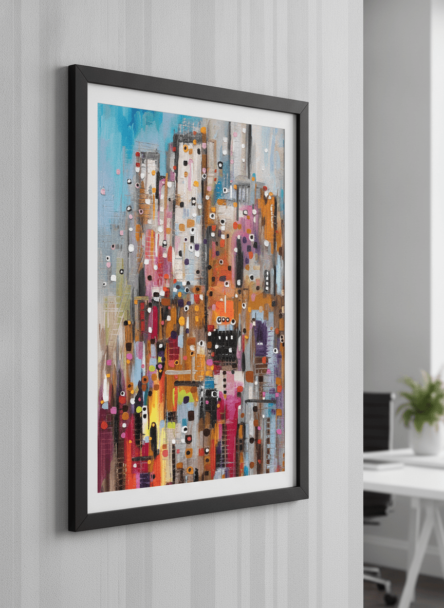 Contemporary wall art featured in a bright modern office workspace