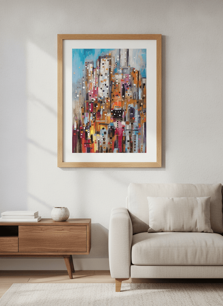 Modern wall art styled above a sofa in a neutral living room