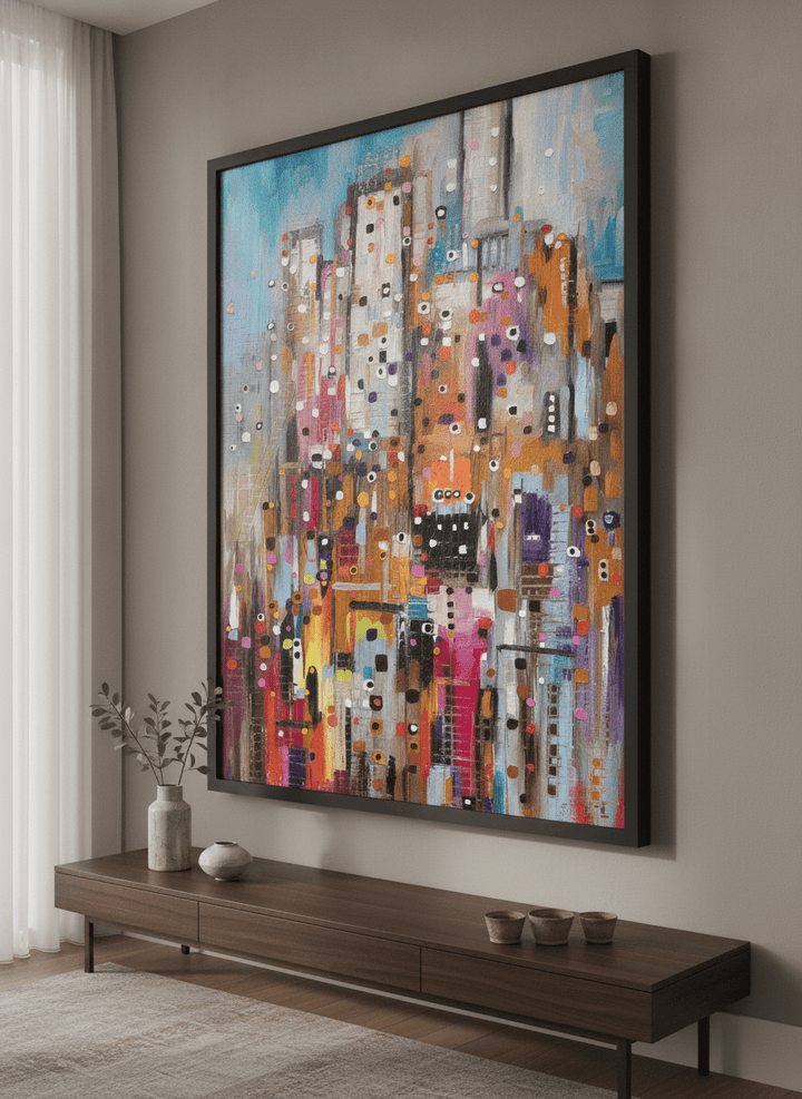 Wall art styled above a dining table in a contemporary home