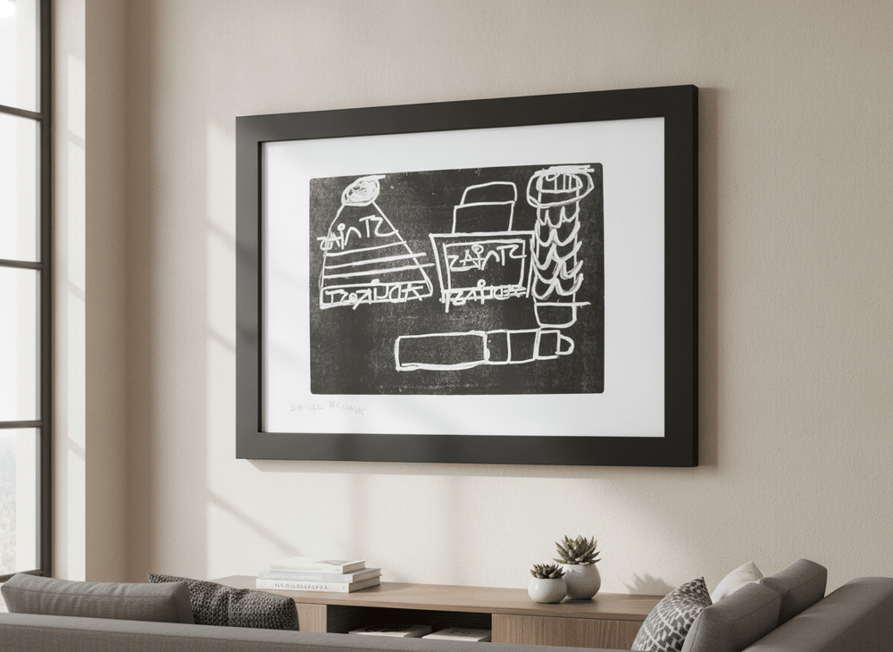 Modern wall art styled above a sofa in a neutral living room