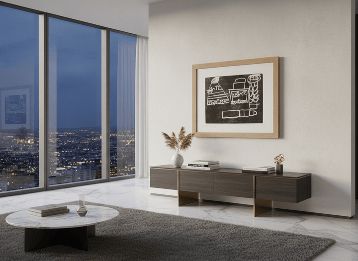 Monumental artwork centred on a feature wall in a luxe interior