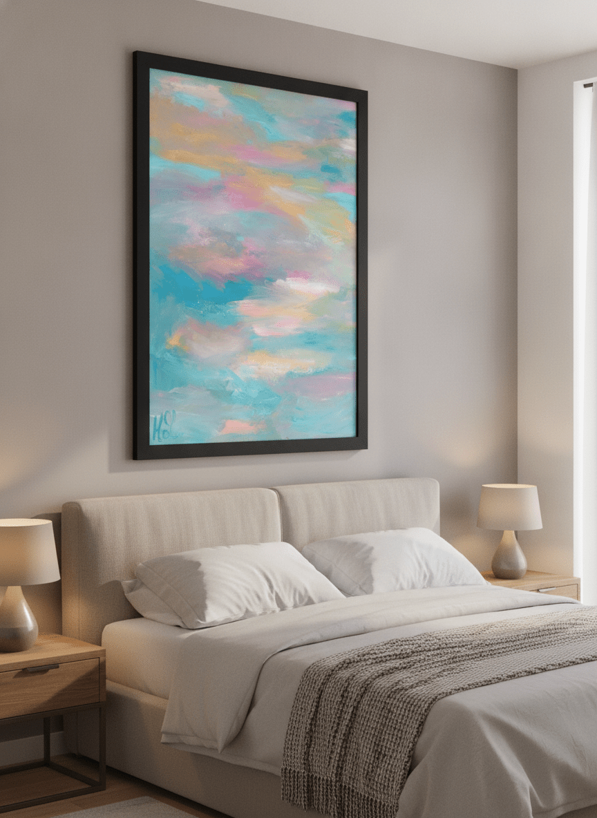 Minimalist artwork displayed in a calm, light-filled bedroom interior