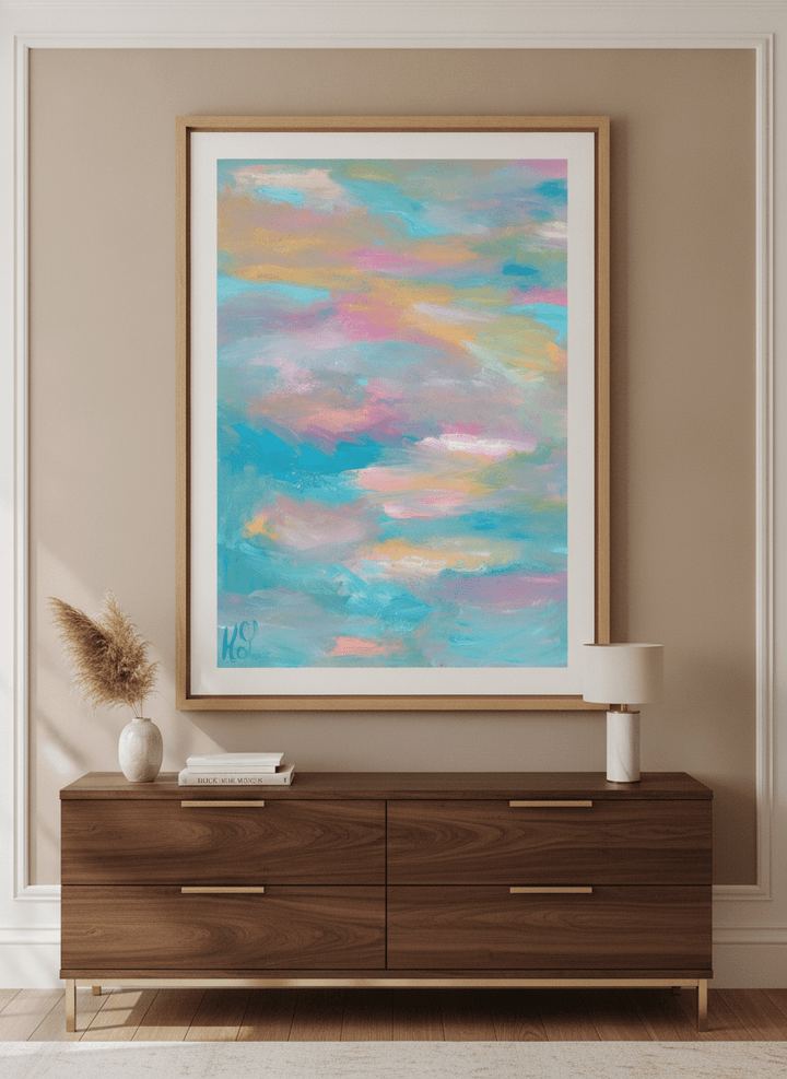 Monumental artwork centred on a feature wall in a luxe interior