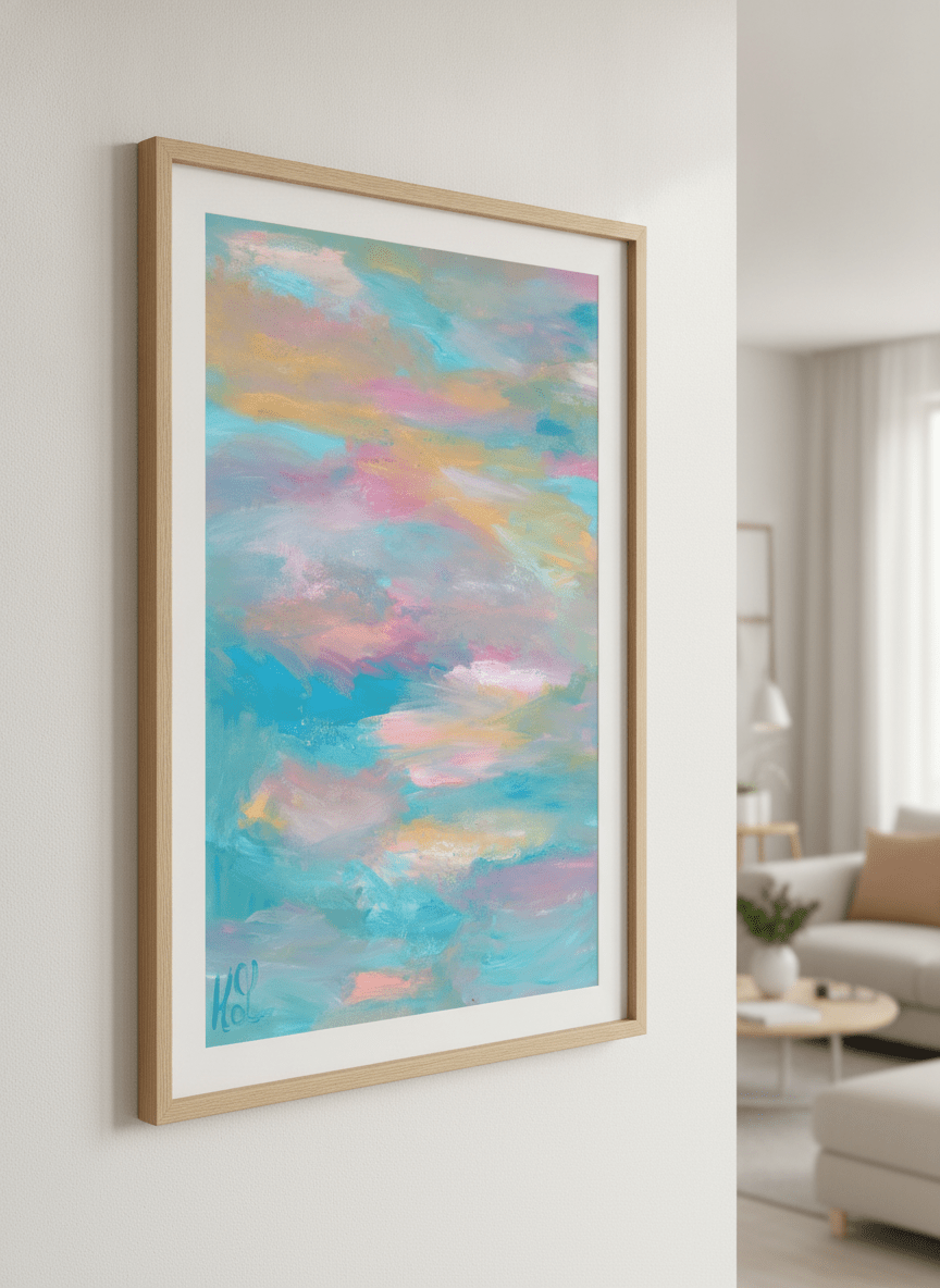 Modern wall art styled above a sofa in a neutral living room