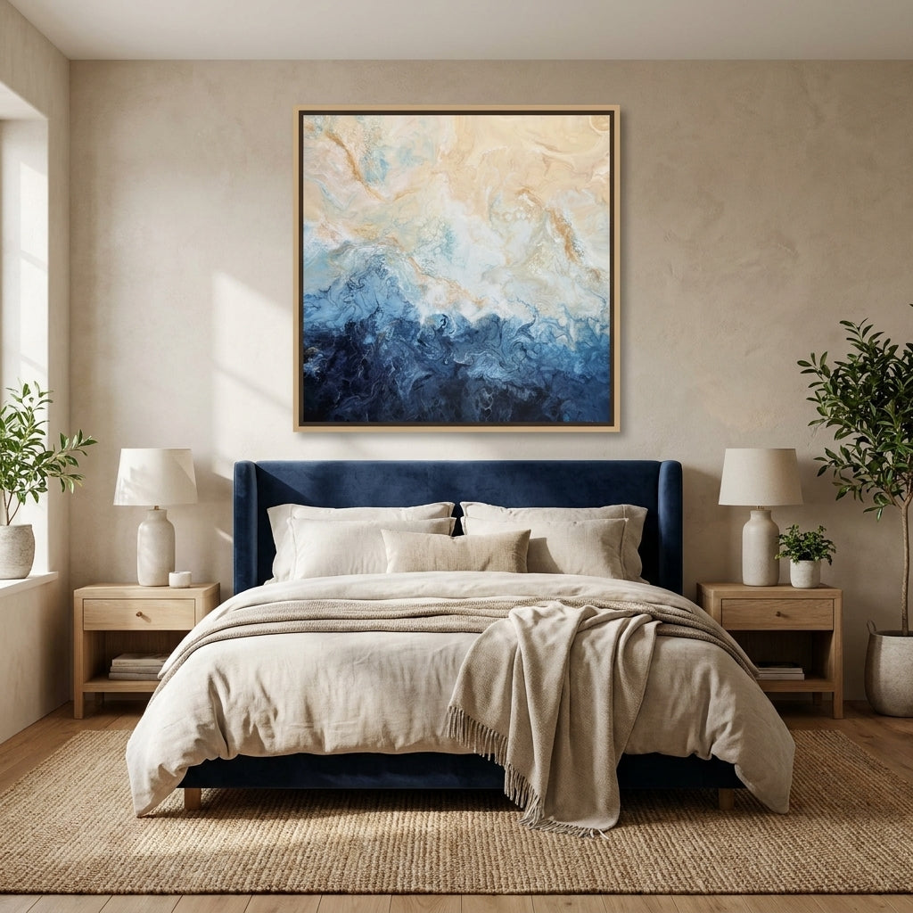 Canvas wall art with a natural timber surround styled in a calm, light-filled bedroom