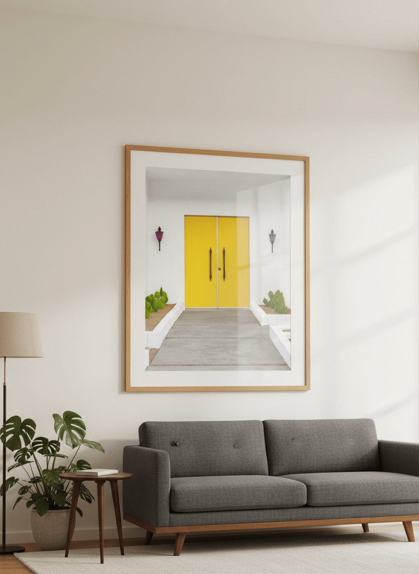 Modern wall art styled above a sofa in a neutral living room