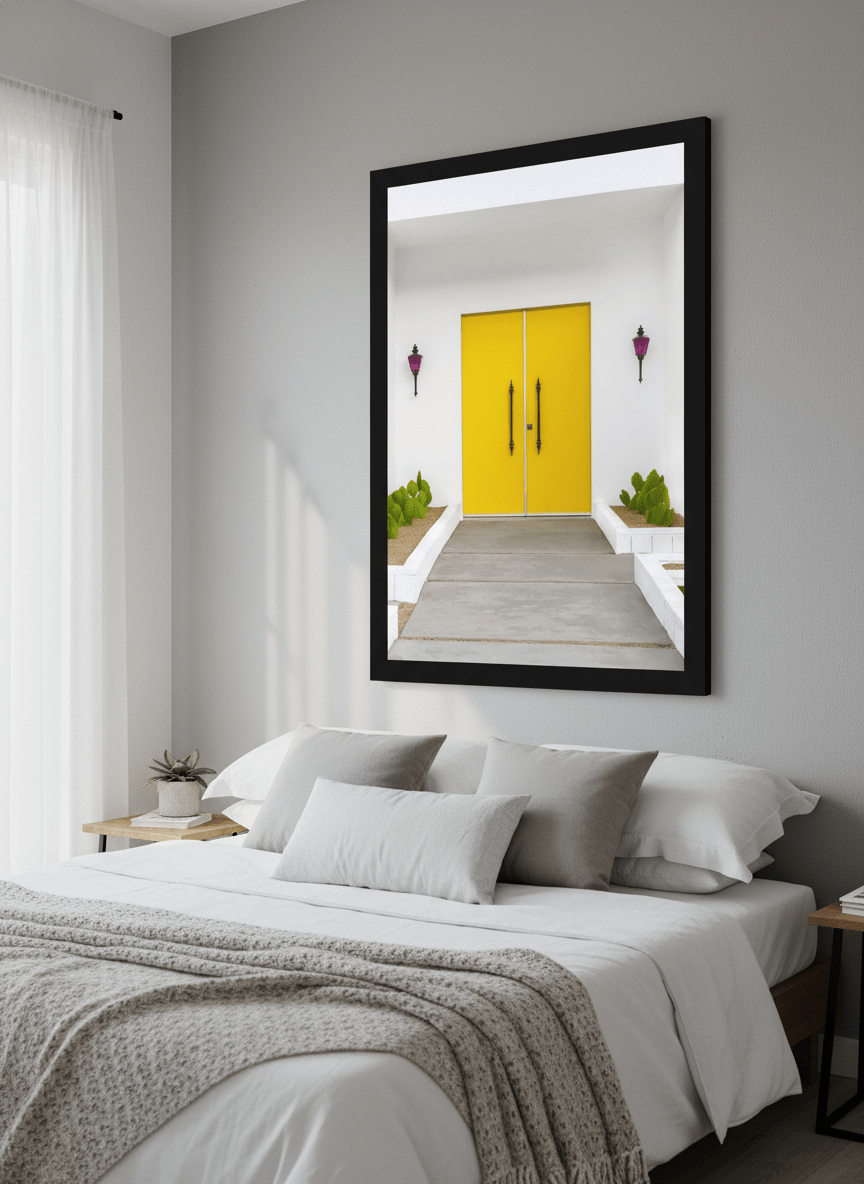 Minimalist artwork displayed in a calm, light-filled bedroom interior