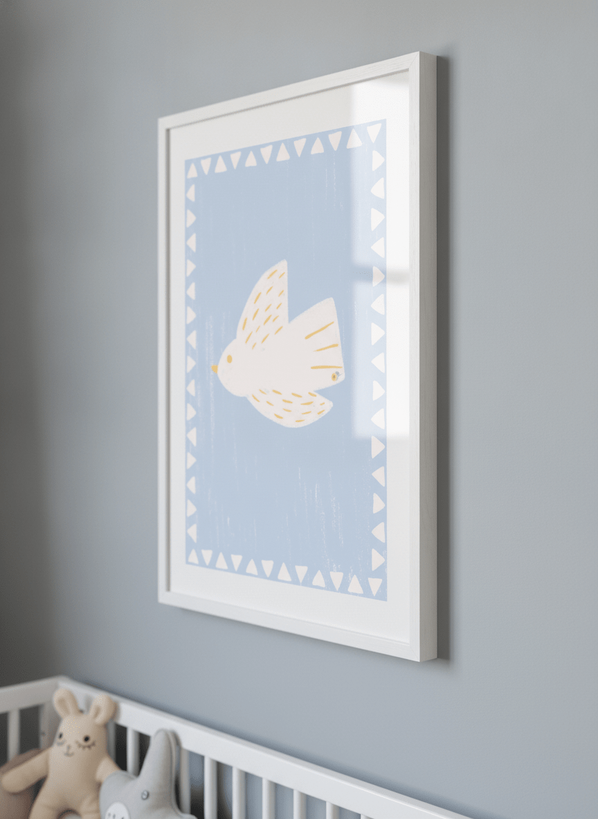 Soft neutral wall art styled in a serene nursery with pastel tones