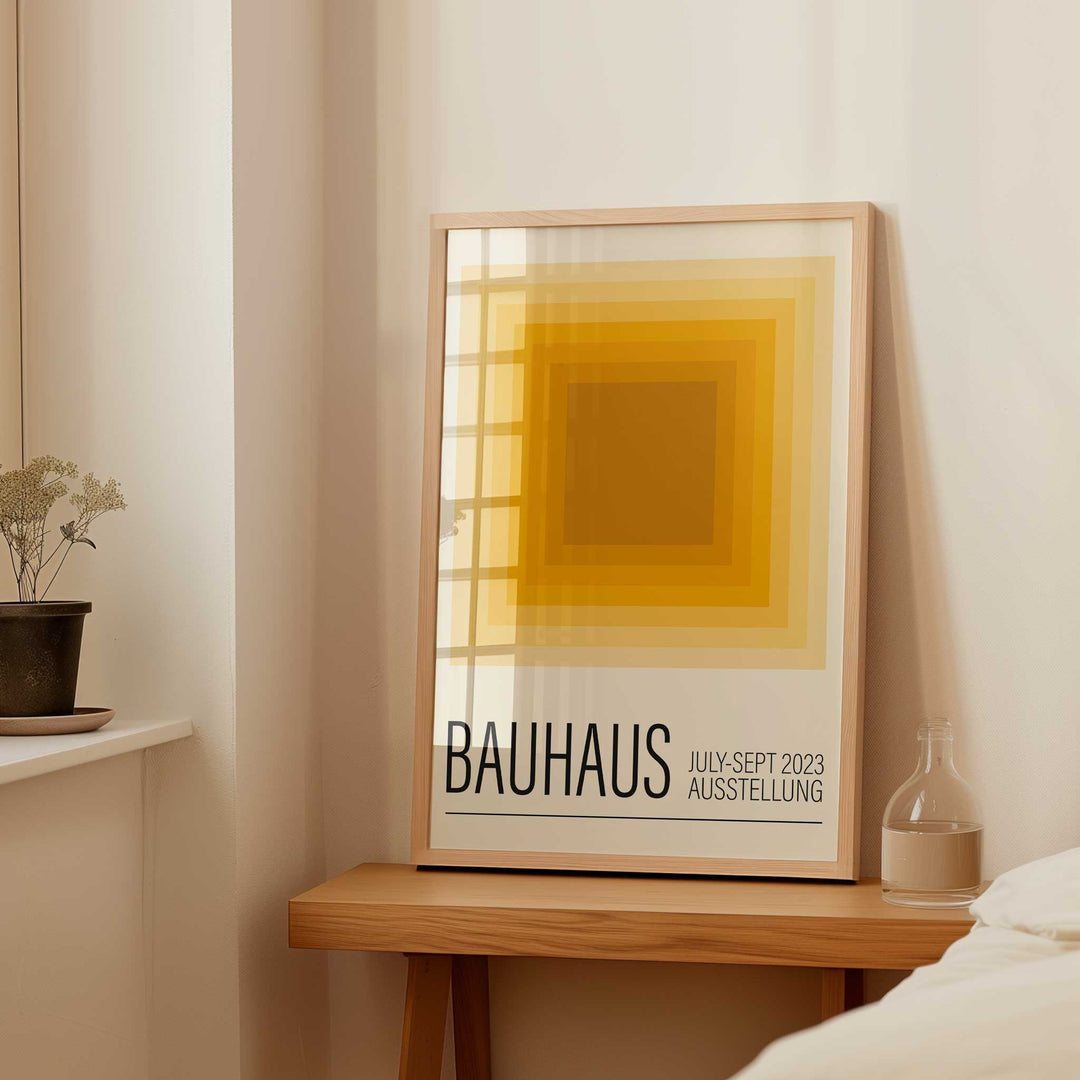 Yellow bauhaus haze print timber bedroom design wall art