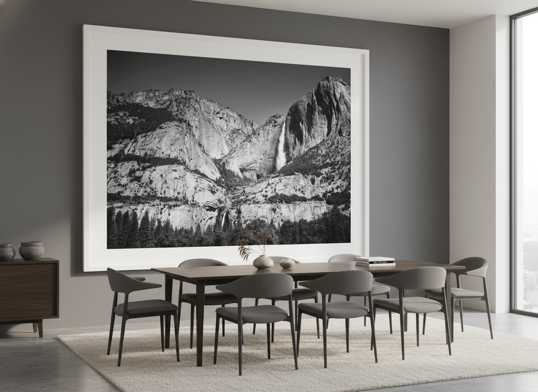 Monumental artwork centred on a feature wall in a luxe interior