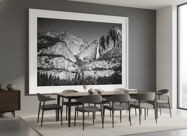 Monumental artwork centred on a feature wall in a luxe interior