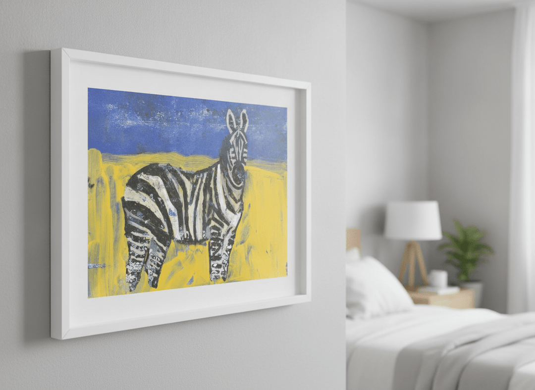 Minimalist artwork displayed in a calm, light-filled bedroom interior