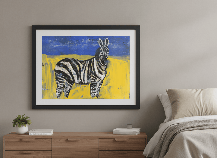 Minimalist artwork displayed in a calm, light-filled bedroom interior