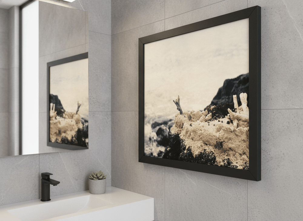 Modern print displayed in a clean minimalist bathroom setting